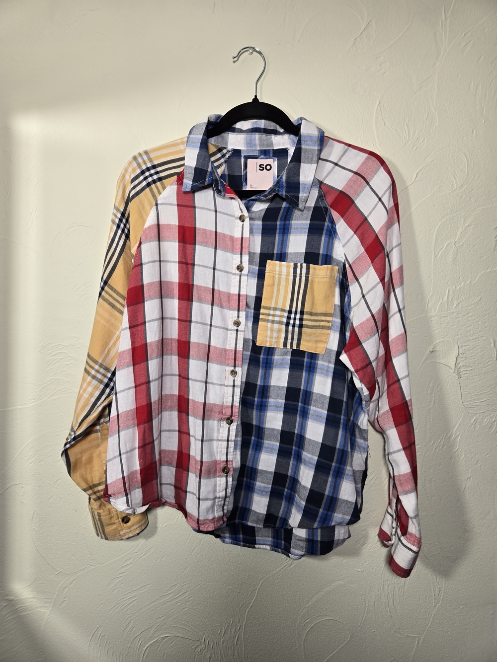 SO Women's Multi-Panel Plaid Button-Down Shirt in Red, Blue & Yellow